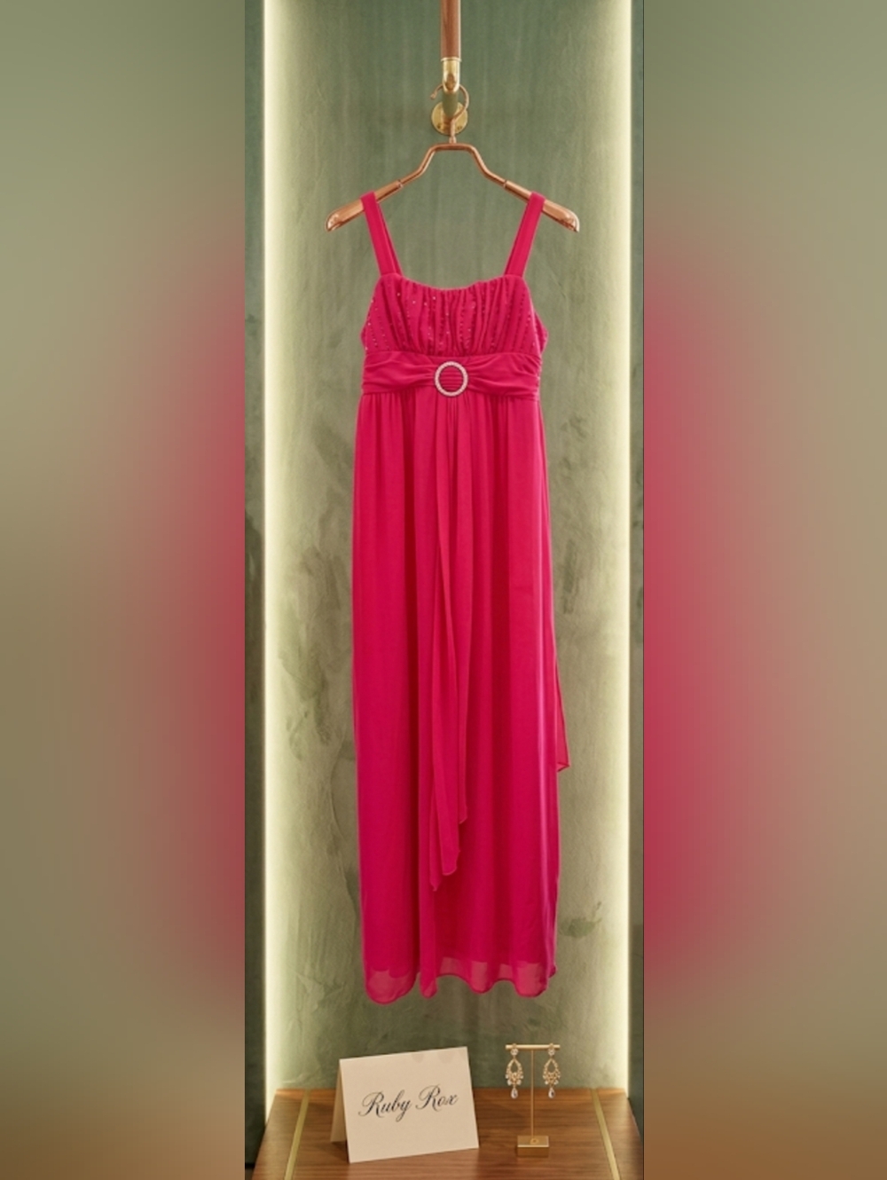 Ruby Rox Hot Pink Chiffon Prom Evening Gown With Rhinestone Accent - Picture 3 of 7